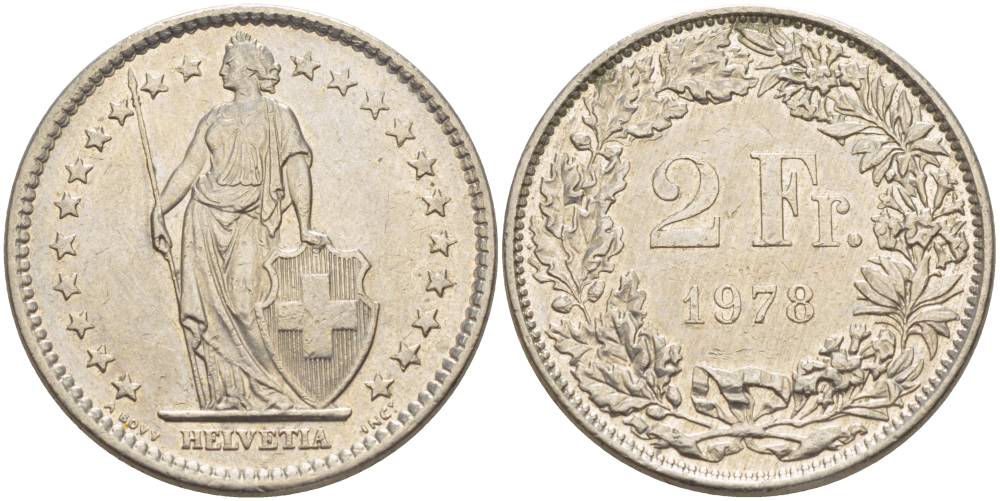 ШВЕЙЦАРИЯ 2 ФРАНКА 1978 KM 21а.1 медно-никель 4542-516