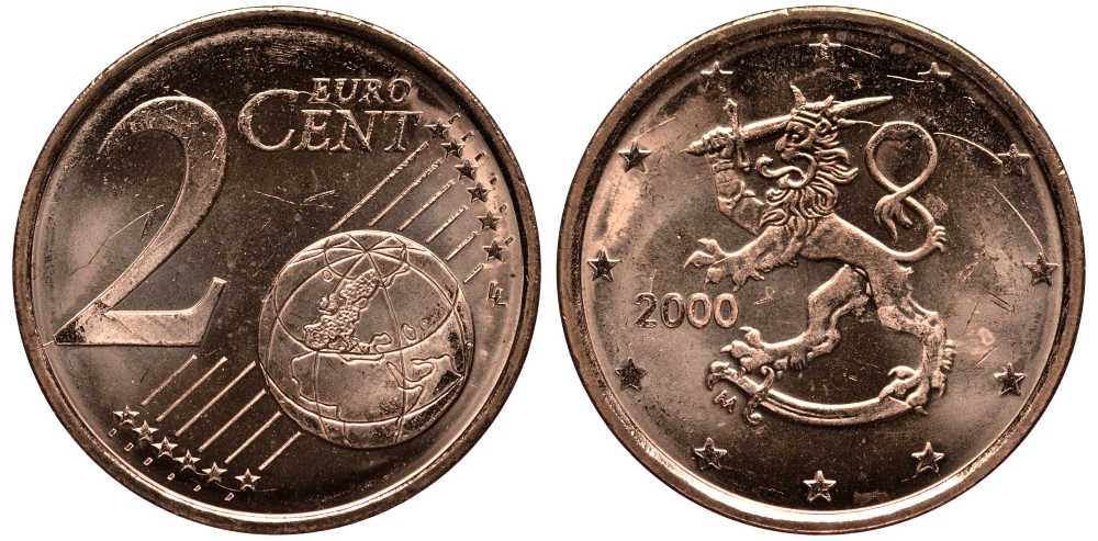 ФИНЛЯНДИЯ 2 ЕВРОЦЕНТА 2000 KM 99 сталь плакированная медью UNC 4181-465