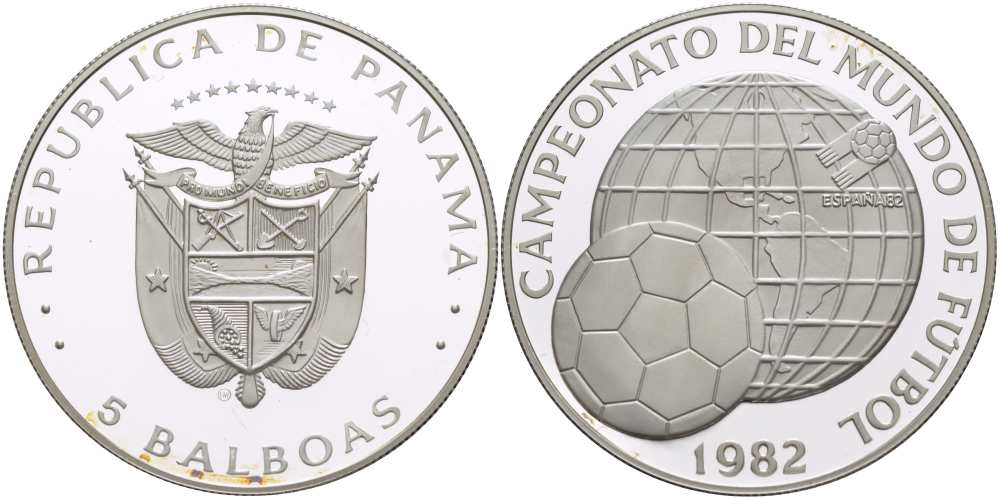 Панама 5 бальбоа 1982 чемпионат мира по футболу в Испании 1982 года, мяч на фоне глобуса KM 77 серебро PROOF 01-148-11
