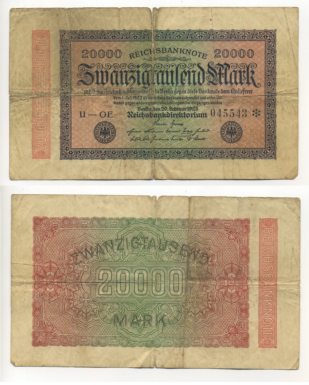 ГЕРМАНИЯ 20000 МАРОК 1923 20 ФЕВРАЛЯ 1923, ВОДЯНОЙ ЗНАК G Pick 85c бумага 7203-82-3