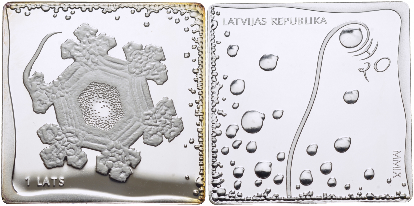 Латвия 1 лат 2009 H2O - вода, квадратная KM 104 серебро PROOF 11-163-13