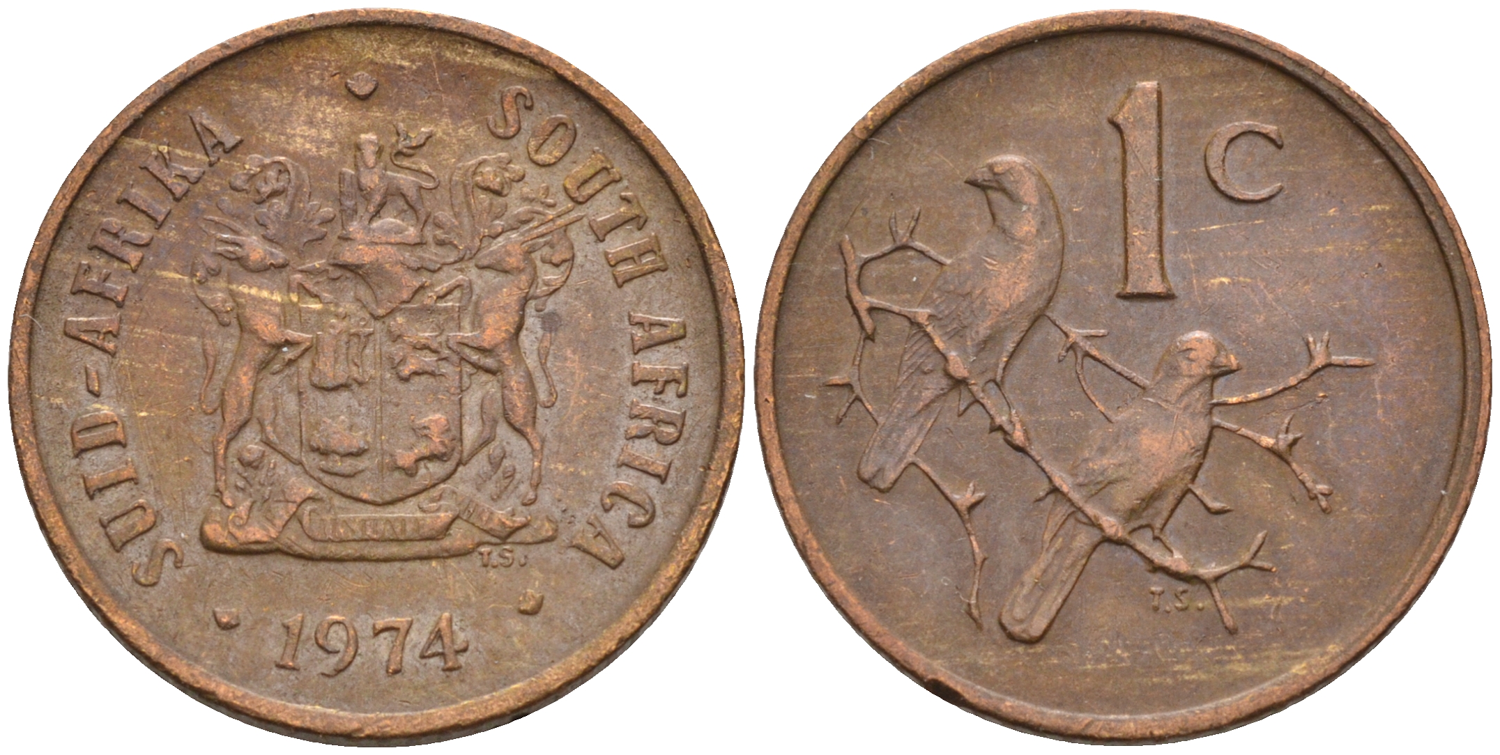 ЮАР 1 цент 1974 герб, капские воробьи KM 82 бронза 4115-162