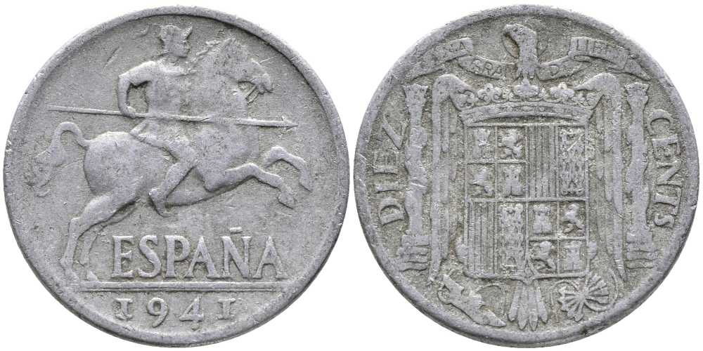 ИСПАНИЯ 10 СЕНТИМО 1941 РЫЦАРЬ НА КОНЕ KM 766 алюминий 110-917