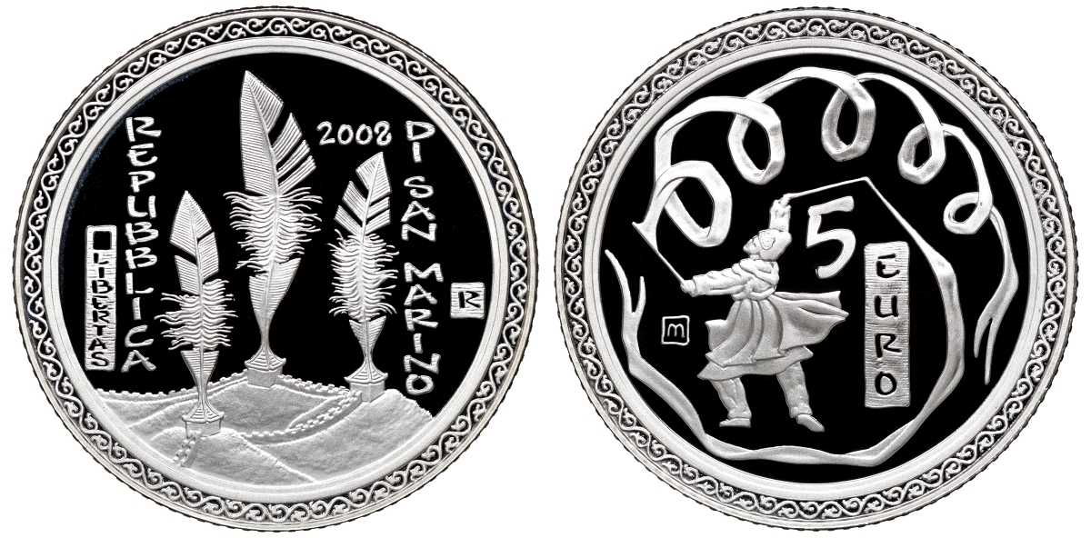 Сан-Марино 5 евро 2008 Олимпиада в Пекине, танец с лентами, в коробке с сертификатом KM 513 серебро PROOF 2-5-2-11