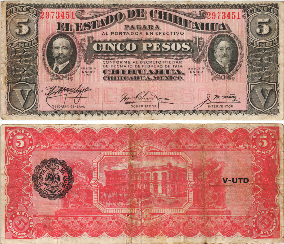 Мексика, Революция 5 песо 1915 штат Чиуауа, черная зубчатая печать, розовая бумага, фоновая надпись Pick S532a бумага 6287-63-3