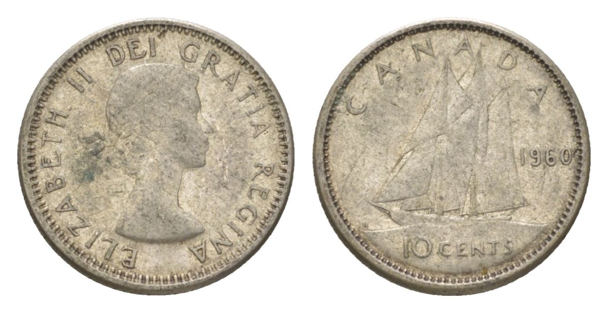 Канада 10 центов 1960 Елизавета II (1952-2022), парусник KM 51 серебро 4623-925