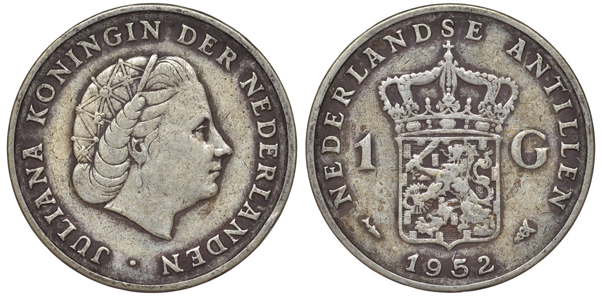 Нидерландские Антилы 1 гульден 1952 Юлиана (1948-1980) KM 2 серебро 36-813