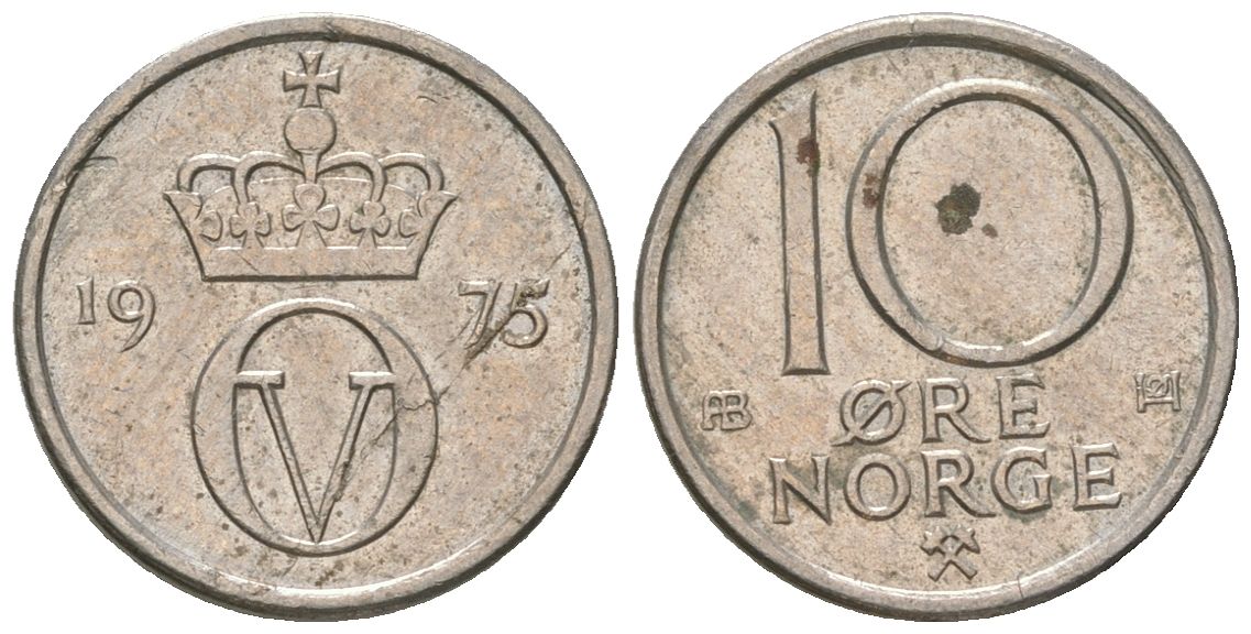 Норвегия 10 эре 1975 AB, Улаф V (1957-1991) KM 416 медно-никель 4564-623