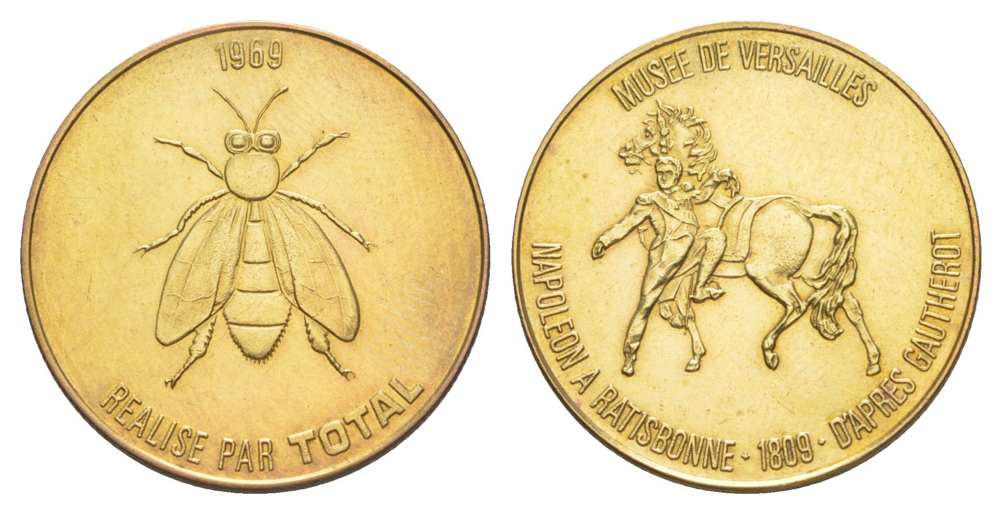 Франция жетон к 200-летию со дня рождения Наполеона-Бонапарта "Музей Версаля - Регенсбургское сражение" 1969 компания Total, диаметр 25,8 мм, вес 5 гр железо плакированная латунью UNC 4637-526