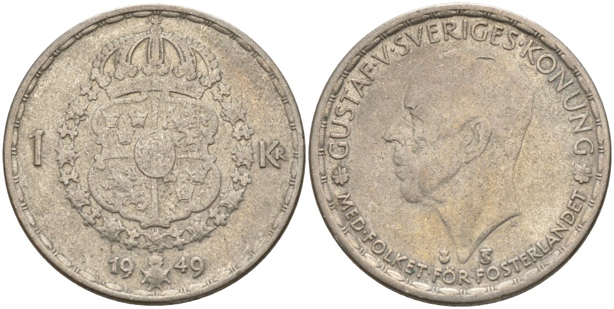 Швеция 1 крона 1949 TS, Густав VI Адольф (1950-1973) KM 814 серебро 4148-1121