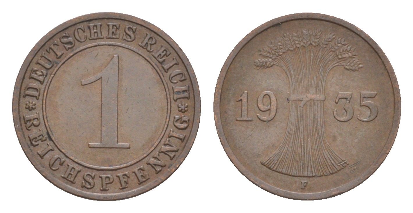 Германия 1 рейхспфенниг 1935 F KM 37, J. 313 бронза 4644-1052