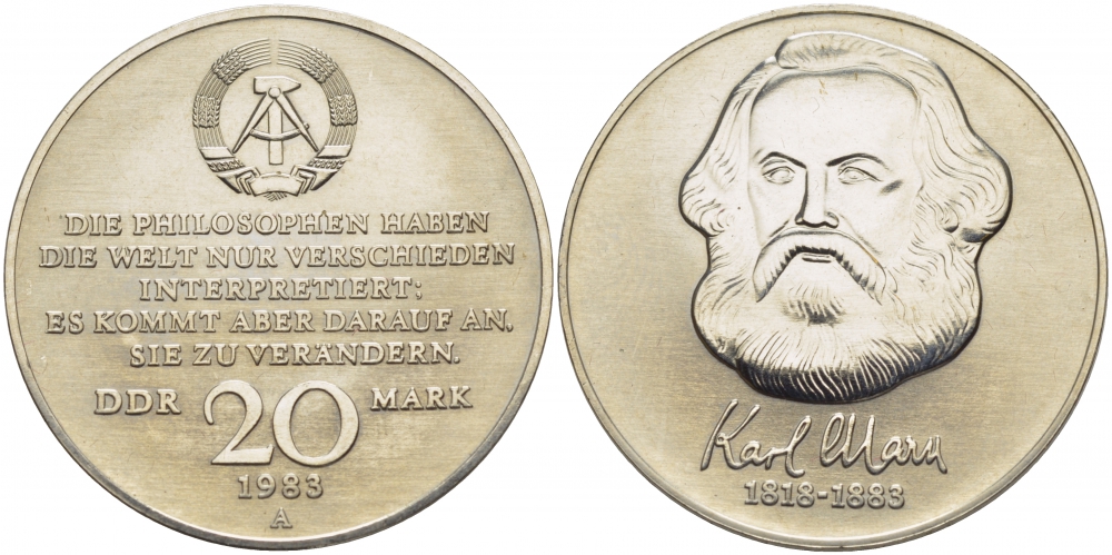ГДР 20 марок 1983 А, 100 лет со дня смерти Карла Маркса (1818-1883) J. 1592, KM 95 медь никель цинк UNC 272-1041