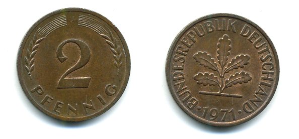 ФРГ 2 пфеннига 1971 J KM 106a, J.381a сталь плакированная медью 3999-1136