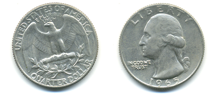 США 25 центов (квотер) 1965 Вашингтон KM 164а медь плакированная медно-никелем 93-1121