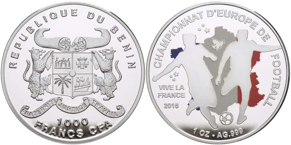 Бенин 1000 франков 2016 Чемпионат Европы по футболу во Франции, эмаль KM NEW серебро PROOF 1081-9-64