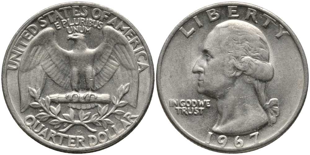 США 25 центов (квотер) 1967 Вашингтон KM 164а медь плакированная медно-никелем 113-515