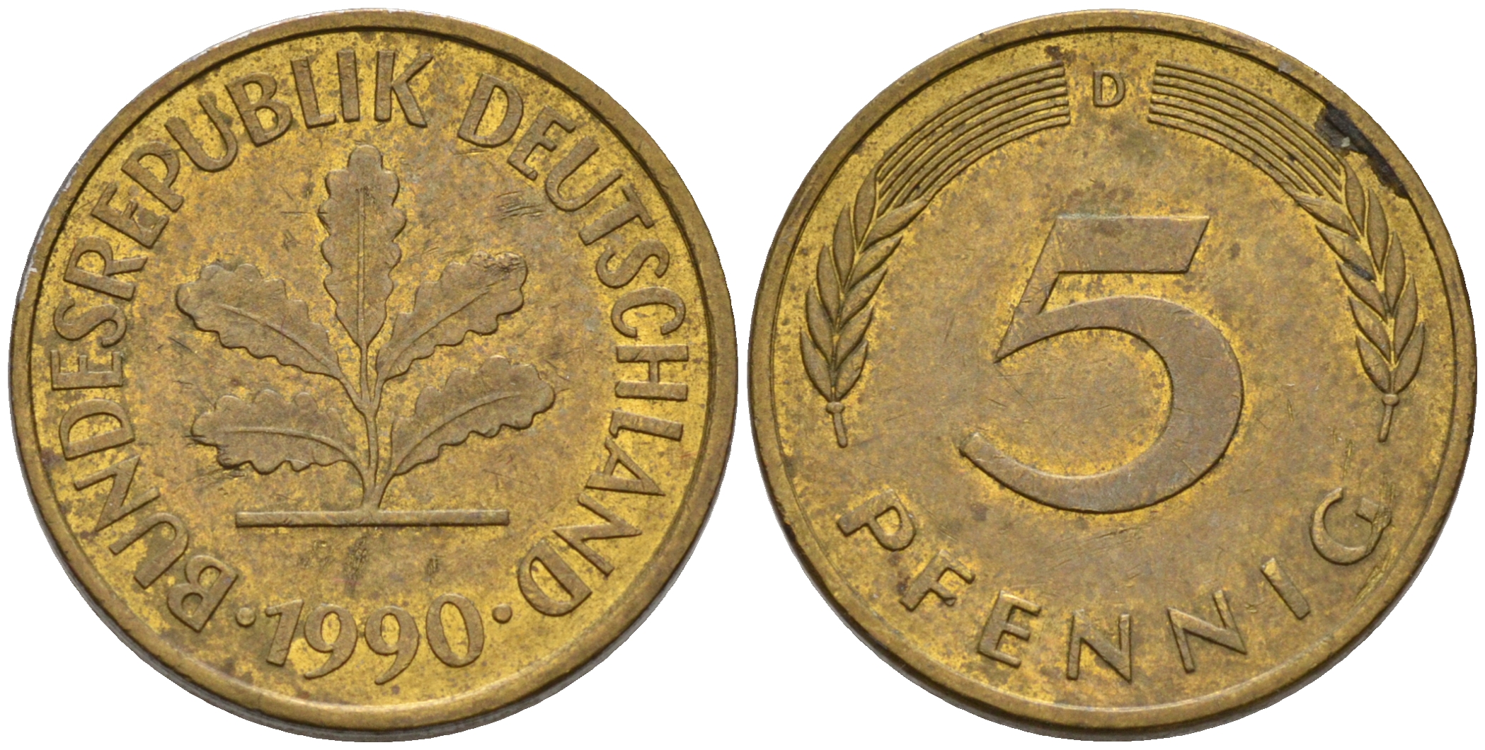 ФРГ 5 ПФЕННИГОВ 1990 D KM 107, J. 382 сталь плакированная латунью 75-519