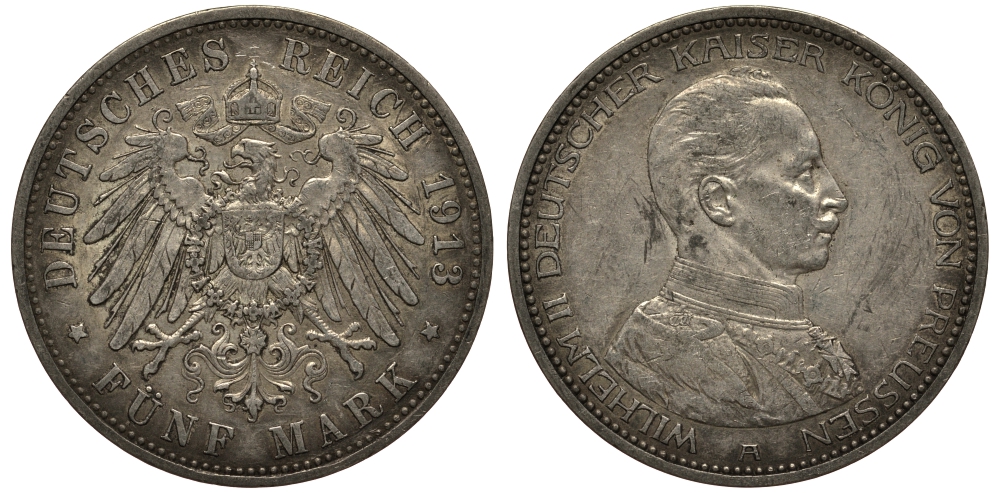 Пруссия 5 марок 1913 Вильгельм II в мундире KM 536, J.114 серебро 3711-415