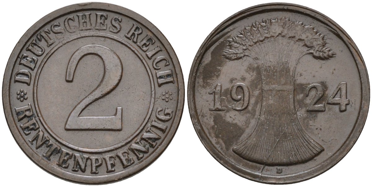 Германия 2 рентенпфеннига 1924 D KM 31, J.307, Weege 3 медь 4584-617