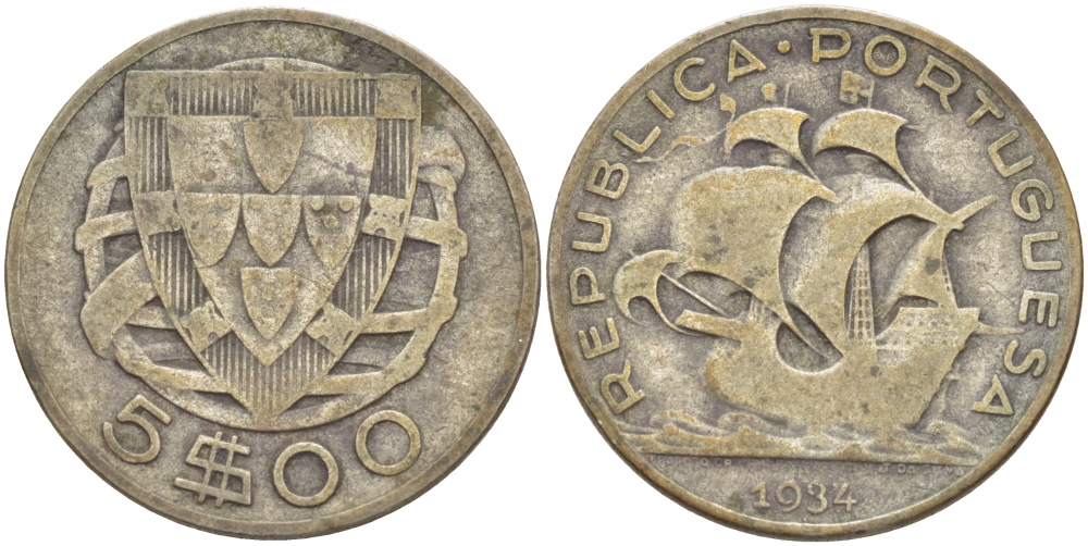 Португалия 5 эскудо 1934 KM 581 серебро 3718-614