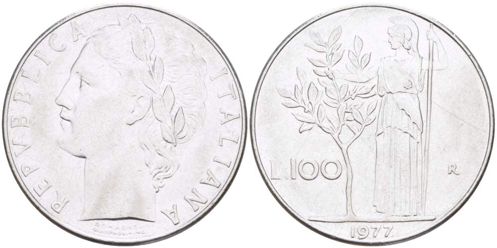 ИТАЛИЯ 100 ЛИР 1977 R, АФИНА KM 96.1 нержавеющая сталь 4526-332