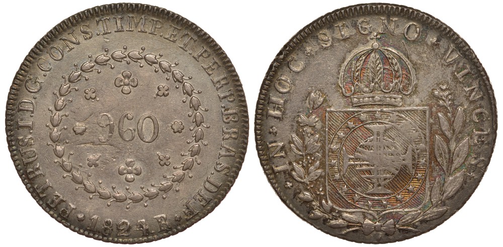 Бразилия 960 рейс 1824 R, Педро II (1831-1889), перечекан, красивая золотистая патина KM 368.1 серебро 00-000-00