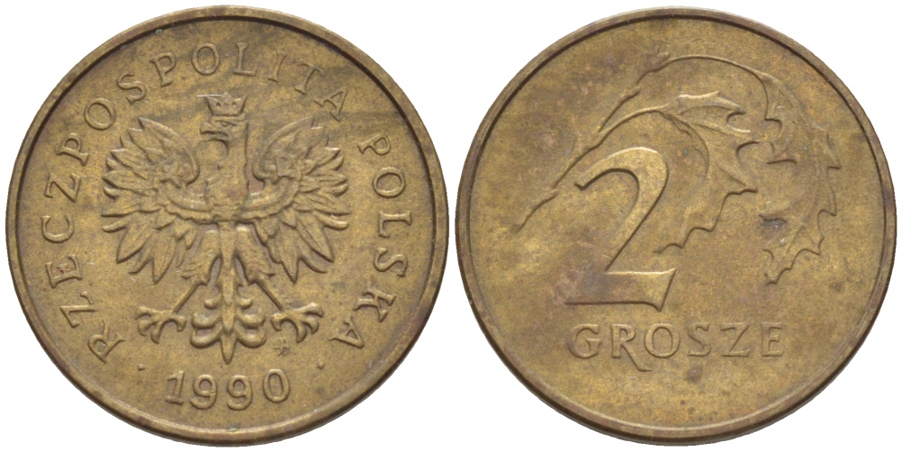 ПОЛЬША 2 ГРОША 1990 MW KM 277 латунь 112-1148