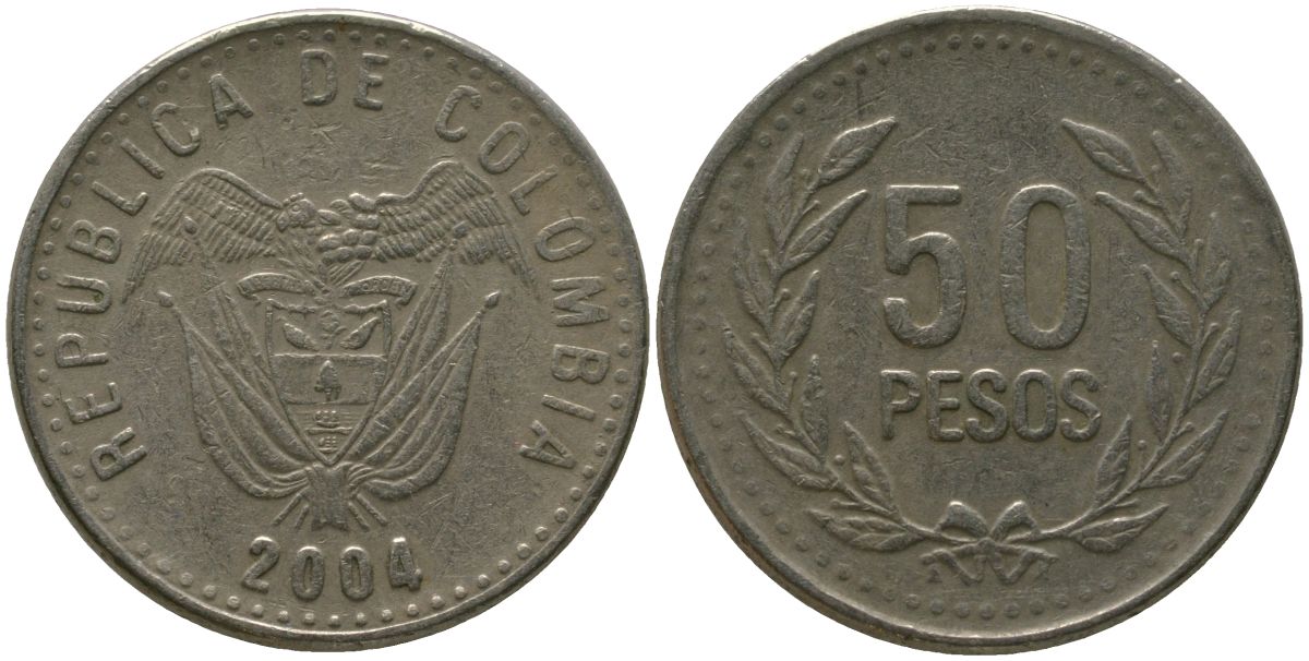 Колумбия 50 песо 2004 KM 283.2 никель латунь 4538-1035