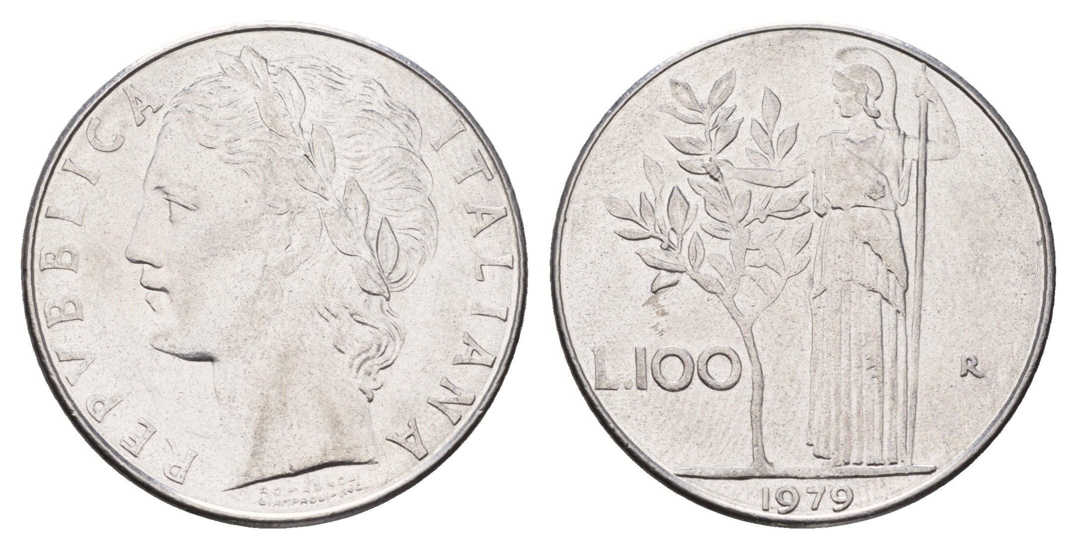 Италия 100 лир 1979 R, Афина в доспехах KM 96.1 нержавеющая сталь 4638-546