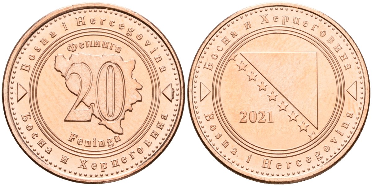 Босния и Герцеговина 20 фенигов 2021 KM 116 сталь плакированная медью UNC 4514-1022