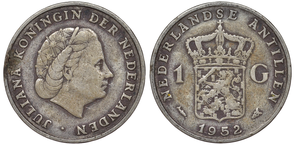 Нидерландские Антилы 1 гульден 1952 Юлиана (1948-1980) KM 2 серебро 36-927