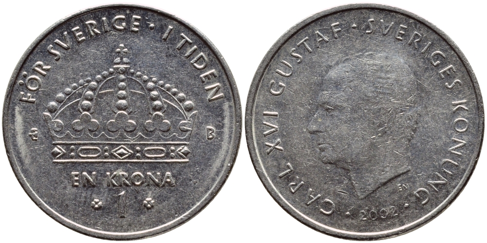Швеция 1 крона 2002 Карл XVI Густав (1973- ) KM 894 медно-никель 4380-326