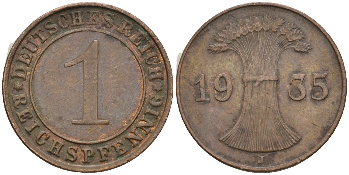Германия 1 рейхспфенниг 1935 J KM 37, J. 313, Weege 2 бронза 4516-713