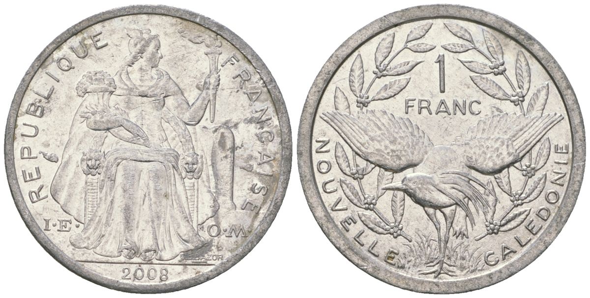 Французская Новая Каледония 1 франк 2008 птица кагу, (IEOM) KM 10, Schoen 10 алюминий 55-641