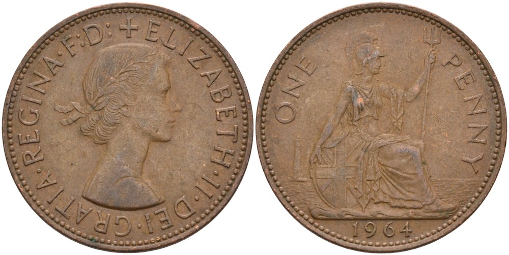 Великобритания 1 пенни 1964 Елизавета II (1952-2022) KM 897, Spink 4157 бронза 4574-231