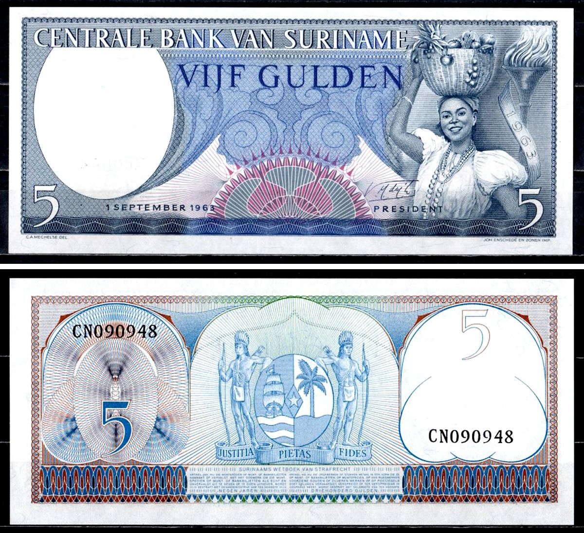 Суринам 5 гульденов 1963 Pick 120 b бумага UNC (пресс) 6312-30-1-1