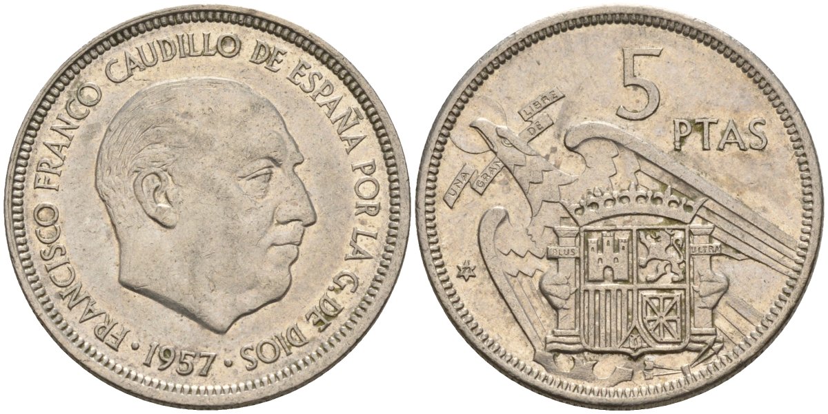 Испания 5 песет 1957 (71) Франсиско Франко (1939 - 1975) KM 786 медно-никель 4155-553