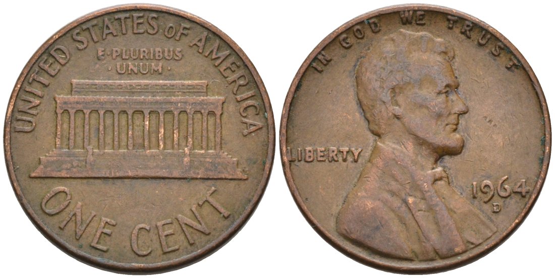 США 1 цент 1964 D, Линкольн KM 201 медь цинк 4564-441