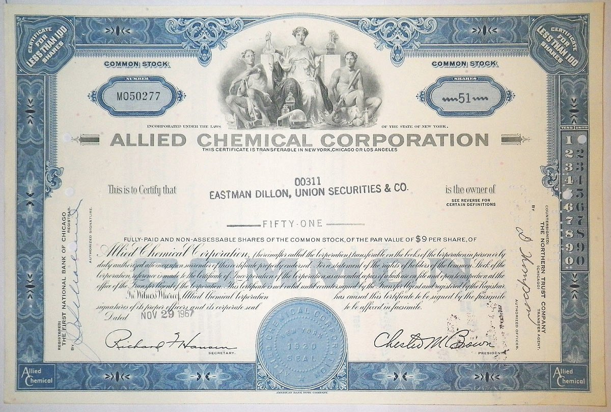 США, ALLIED CHEMICAL CORPORATION 51 акция 1967 США бумага 00-00