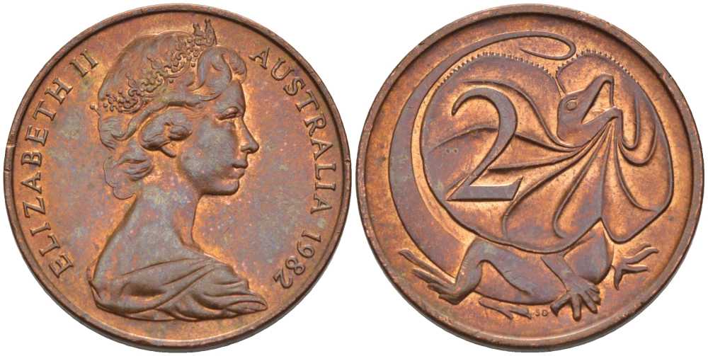 АВСТРАЛИЯ 2 ЦЕНТА 1982 ЕЛИЗАВЕТА II, МОЛОДОЙ ПОРТРЕТ, ПЛАЩЕНОСНАЯ ЯЩЕРИЦА (FRILLED LIZARD) KM 63 бронза 4385-341
