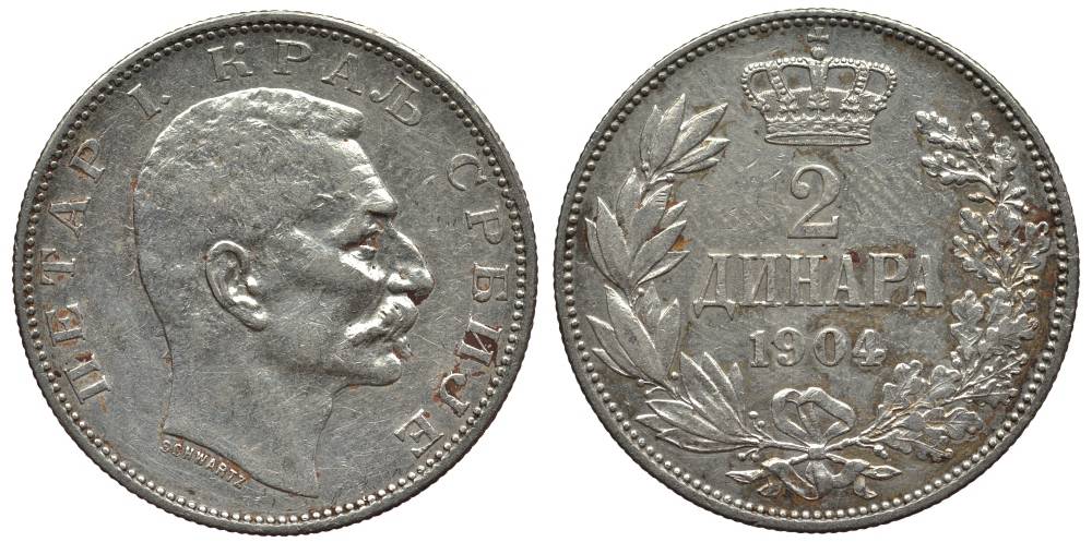 Сербия 2 динара 1904 Петр I Карагеоргиевич (1903-1918) KM 26.1 серебро 186-1114