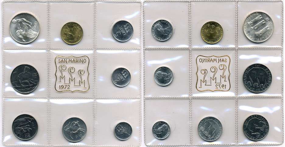 Сан-Марино годовой набор из 8 монет 1972 1, 2, 5, 10, 20, 50, 100 и 500 лир мать поднимает ребенка в воздух KM 14-21, в оригинальной пластиковой запайке серебро KM MS1 серебро UNC 5-4-3-50