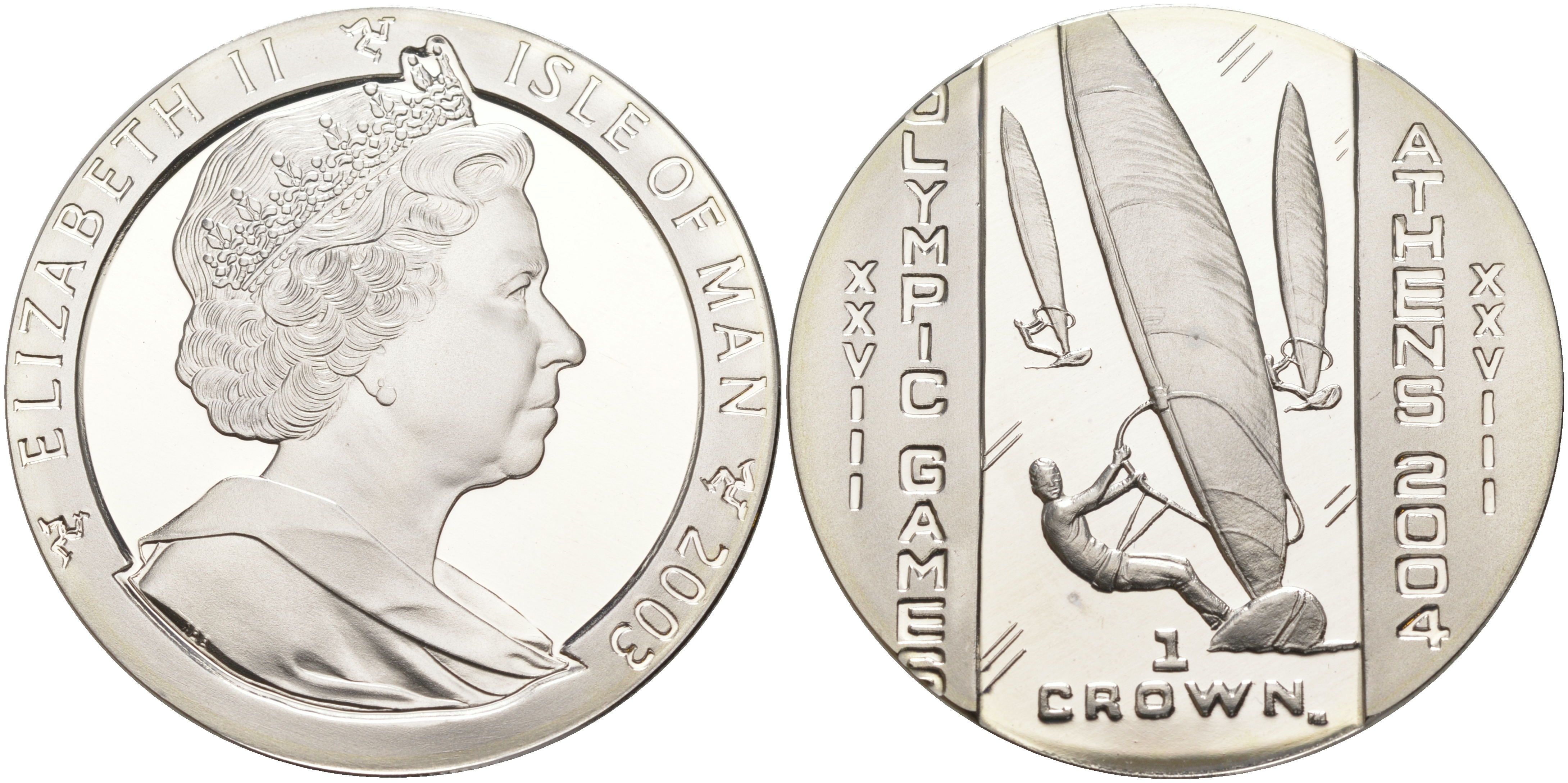 Остров Мэн 1 крона 2003 XXVIII Олимпийские игры в Афинах, виндсерфинг KM 1182a серебро PROOF 1074-3-13