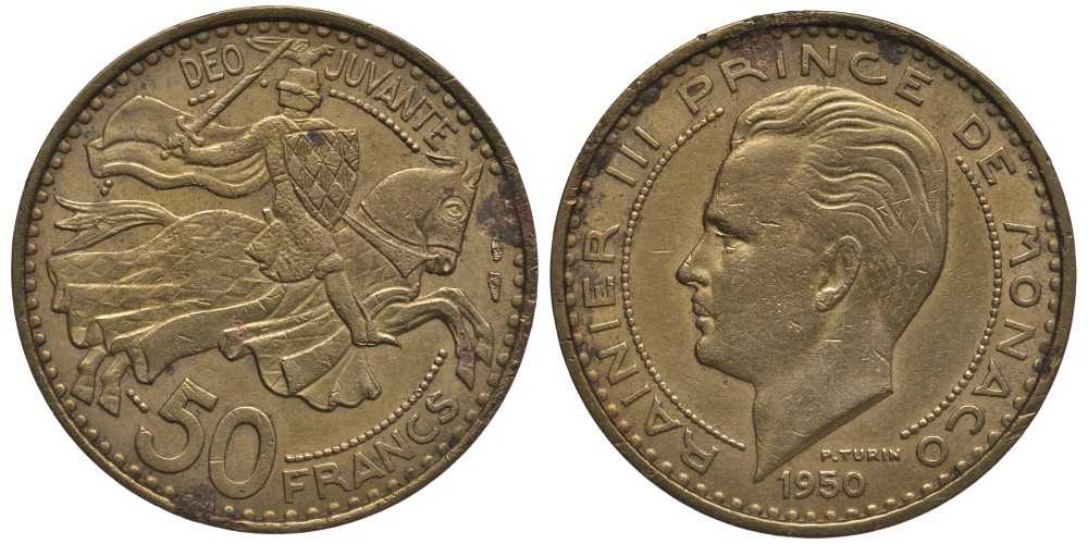 Монако 50 франков 1950 Ренье III (1949-2005) KM 132 алюминиевая бронза 114-515