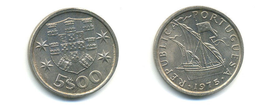 ПОРТУГАЛИЯ 5 ЭСКУДО 1975 ПАРУСНИК KM 591 медно-никель 176-226
