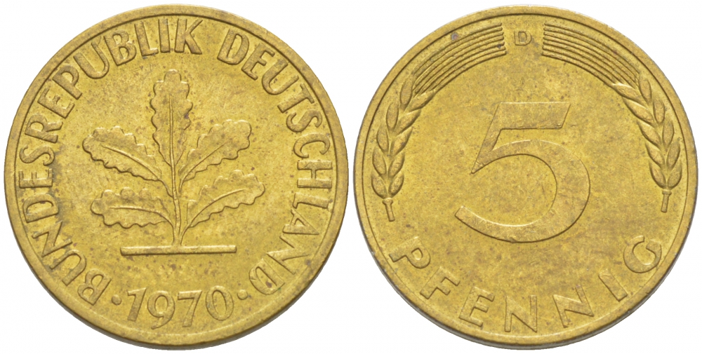 ФРГ 5 ПФЕННИГОВ 1970 D KM 107 J. 382 сталь плакированная латунью 3955-561