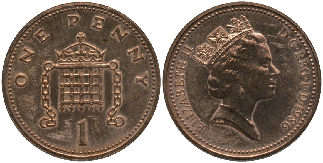Великобритания 1 пенни 1986 Елизавета II (1952-2022) KM 935, Spink 4381 (B3) бронза UNC 181-611