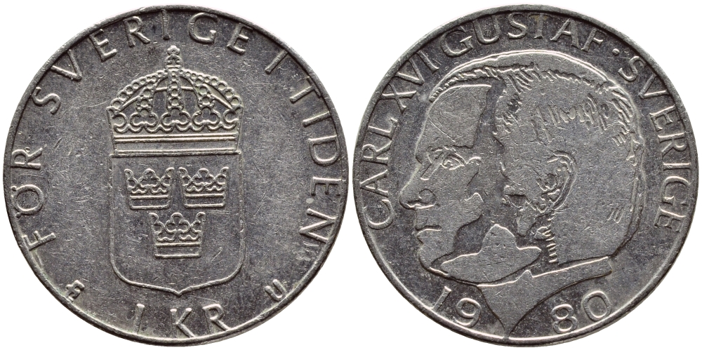 Швеция 1 крона 1980 Карл XVI Густав (1973- ) KM 852 медь плакированная медно-никелем 4397-932
