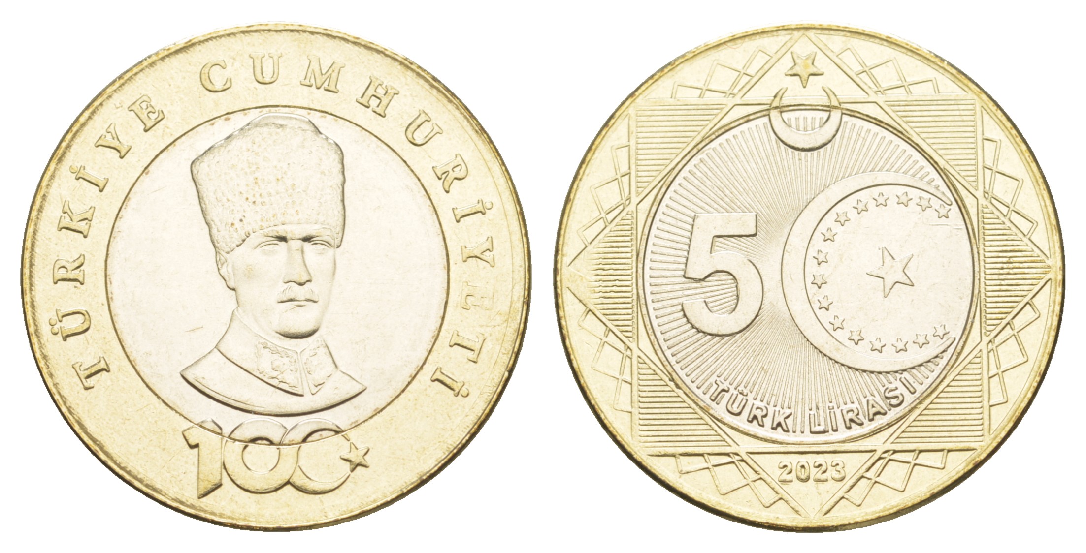 Турция 5 лир 2023 100 лет Турецкой Республики KM NEW биметалл  UNC  M36-17