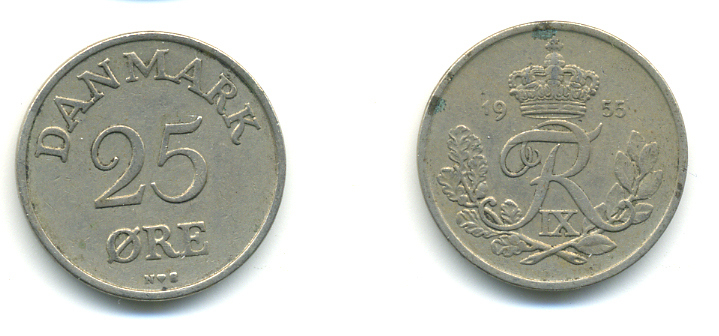 Дания 25 эре 1955 N; S, Фредерик IX (1947-1972) KM 842.1 медно-никель 3999-225